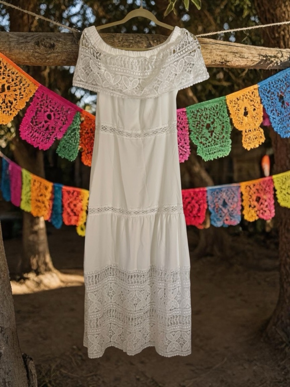 Boho White Lace Off-Shoulder Women’s Maxi Dress - Medium